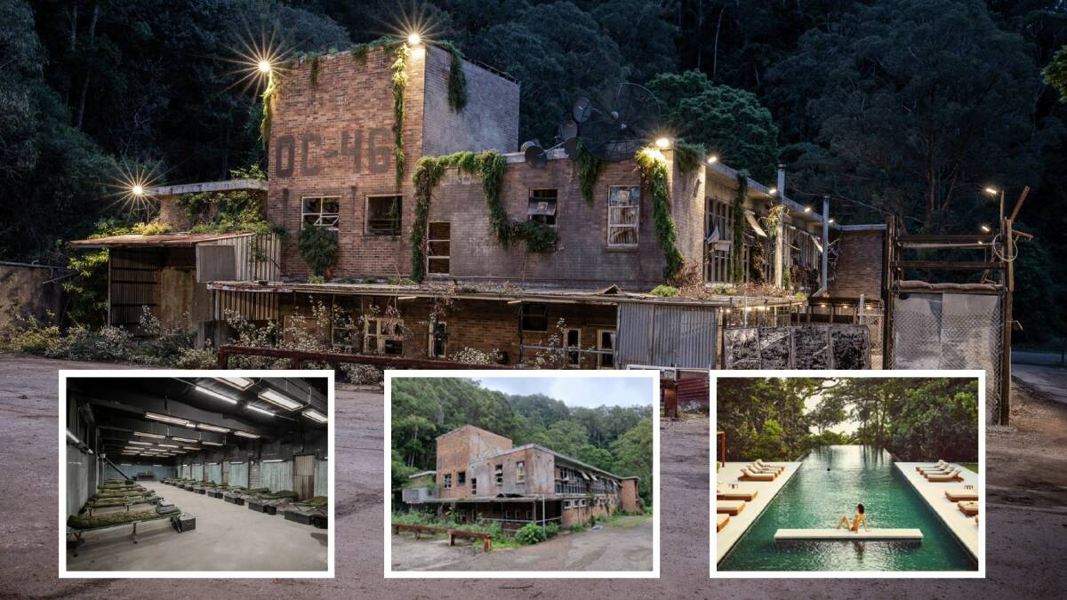 Main picture: The mine admin building done up for SAS Australia. Insets: The SAS was not 'glamping', the admin building in real life, the proposed pool. Images from Avondale Escarpment Resort concept plan.