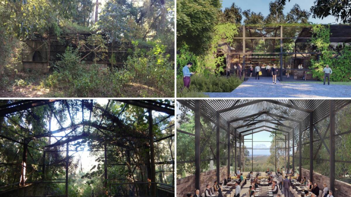 An overgrown building is repurposed as hotel facilities; the skeleton of the coal pavilion becomes a restaurant. Pictures from Escarpment Resort Avondale concept package/NSW Major Projects.