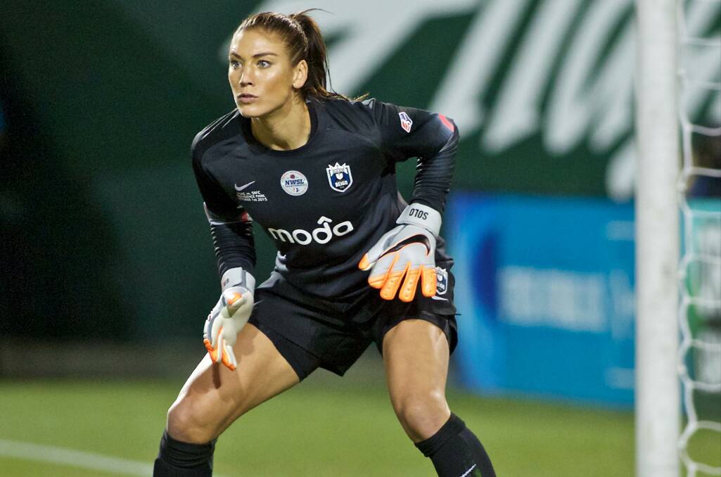 Hope Solo in action for Seattle Reign. The former US goalkeeper will highlight the inaugural Football Writers’ Festival in Jamberoo on March 23-24. Picture: Craig Mitchelldyer / Associated Press