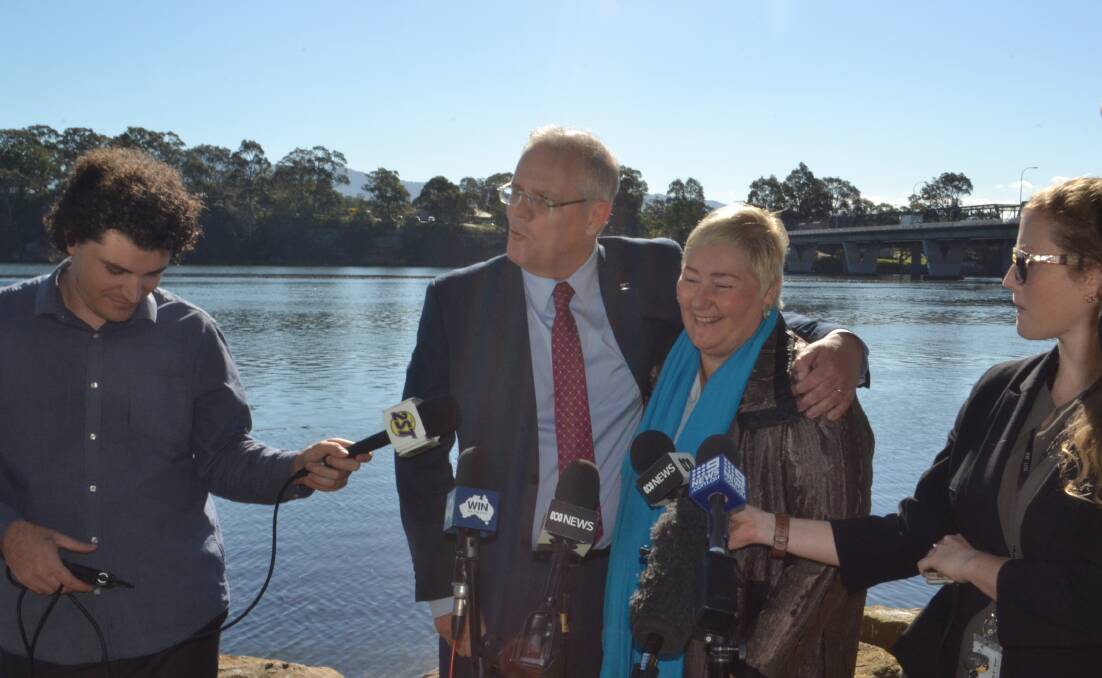 ALL SMILES: Then Federal Treasurer, now Prime Minister Scott Morrison with Liberal MP Ann Sudmalis at a press conference in Nowra back in May. Picture: Rebecca Fist
