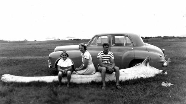Malcolm Morgan, right, his sister Maree and mother Lorna on the whale bone seat at Long Beach in 1951. Photo: Eddie Morgan