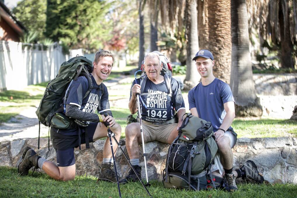 FAMILY: Michael Pietsch, 73 (middle) with son Brad Pietsch (left) and grandson Hayden Keatings (right) will walk the Kokoda Track together. Picture: JAMES WILTHSIRE