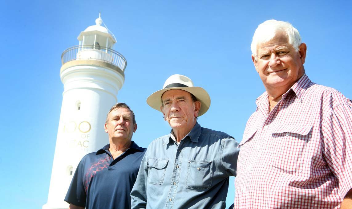 Kiama councillor Dennis Seage, also secretary of the Kiama-Jamberoo RSL Sub-Branch, with Sub-Branch president Ian Pullar and vice-president Gary McKay, at the Kiama lighthouse in 2016. Picture: Sylvia Liber