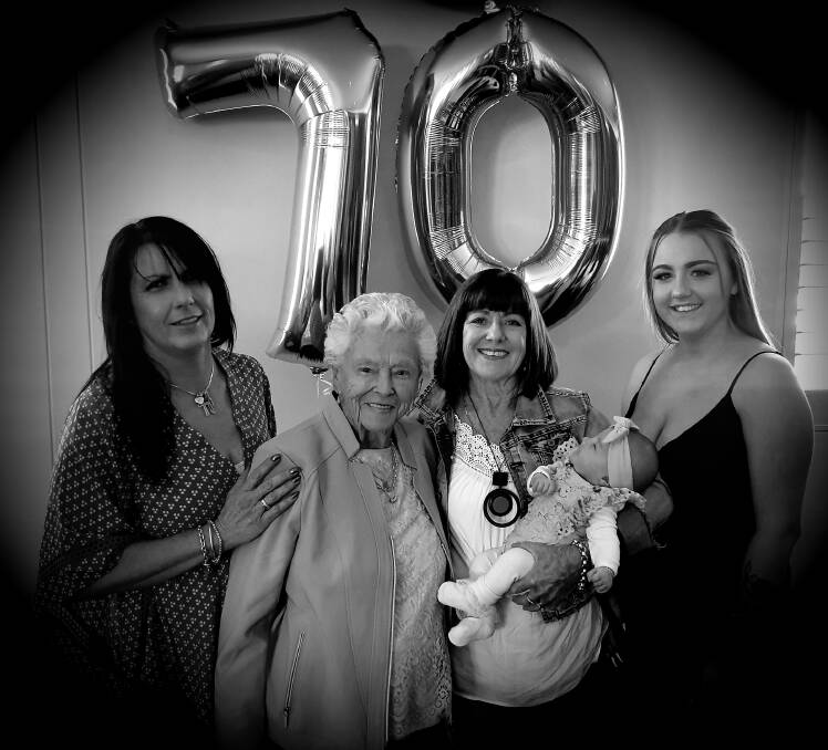 Samantha Bailey, Joyce Fitzpatrick, Sue Bailey, Tasmin Wells and Aubrey-lea Dingle pose for a very special photo at Sue's 70th birthday celebrations.