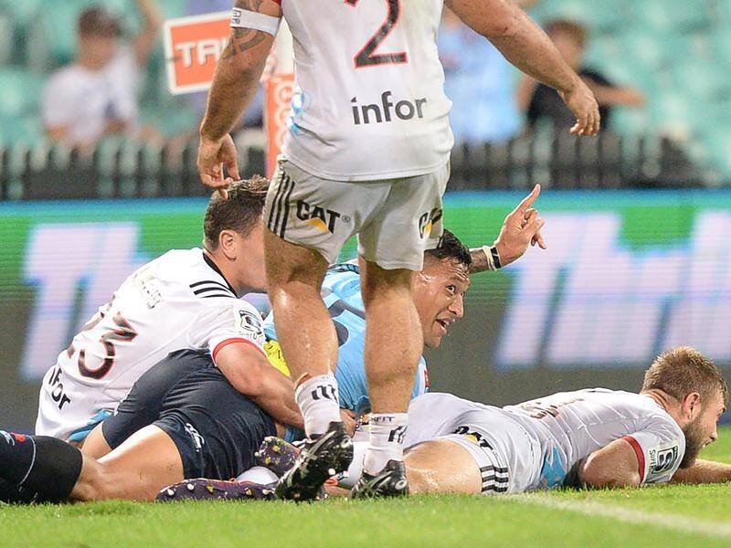 Israel Folau scored his record-equalling 59th Super Rugby try for NSW against the Crusaders.