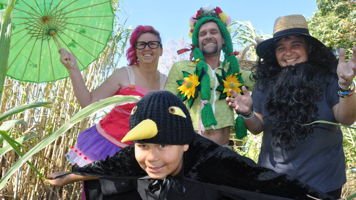 Tamar Stanford (Penelopen), Darren Bell (Mother Nature), Jai Russell (mini-minor bird) and Julie Russell (Costas) are in the cast for the Barrack Heights Community Garden Pantomime. Picture Eliza Winkler