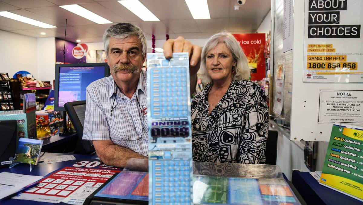 Gerringong Newsagency co-owners Dennis McWilliams and Janet Ware are not impressed by the possibility of supermarkets  being able to sell lottery tickets.  GEORGIA MATTS 