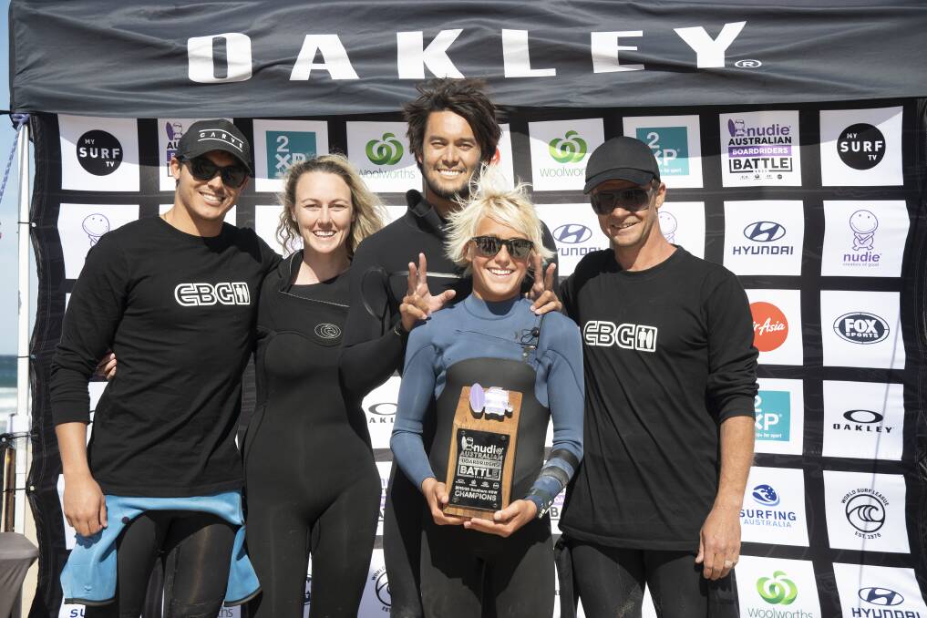 The winning Elouera team of Shane Campbell, Rachel McKendrick, Connor'OLeary, Jarvis Earle, and Luke Weinert, Elouera Boardriders . Picture supplied by Ethan Smith of Surfing NSW. 