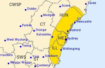 Severe thunderstorm warning area in yellow.
