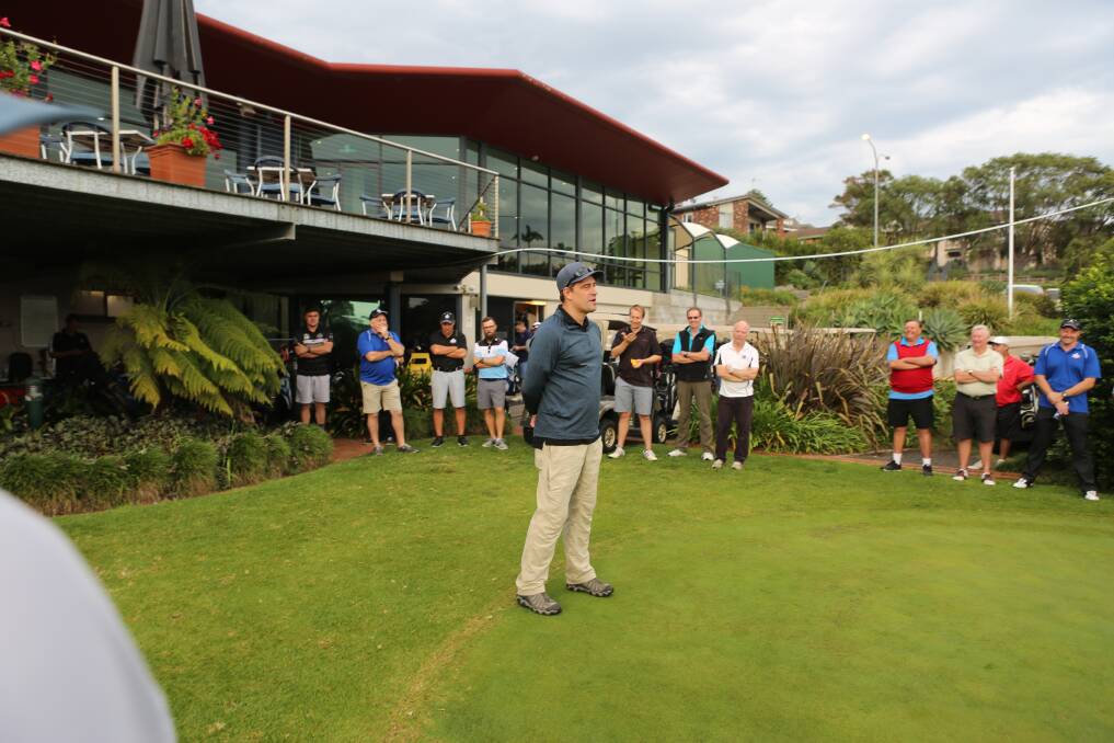 Heartfelt thanks: Wollongong Police sergeant Charlie Hutchins thanks golfers from the Police and business community before tee off at the Rob Sasagi Golf Day. Picture: Greg Ellis.
