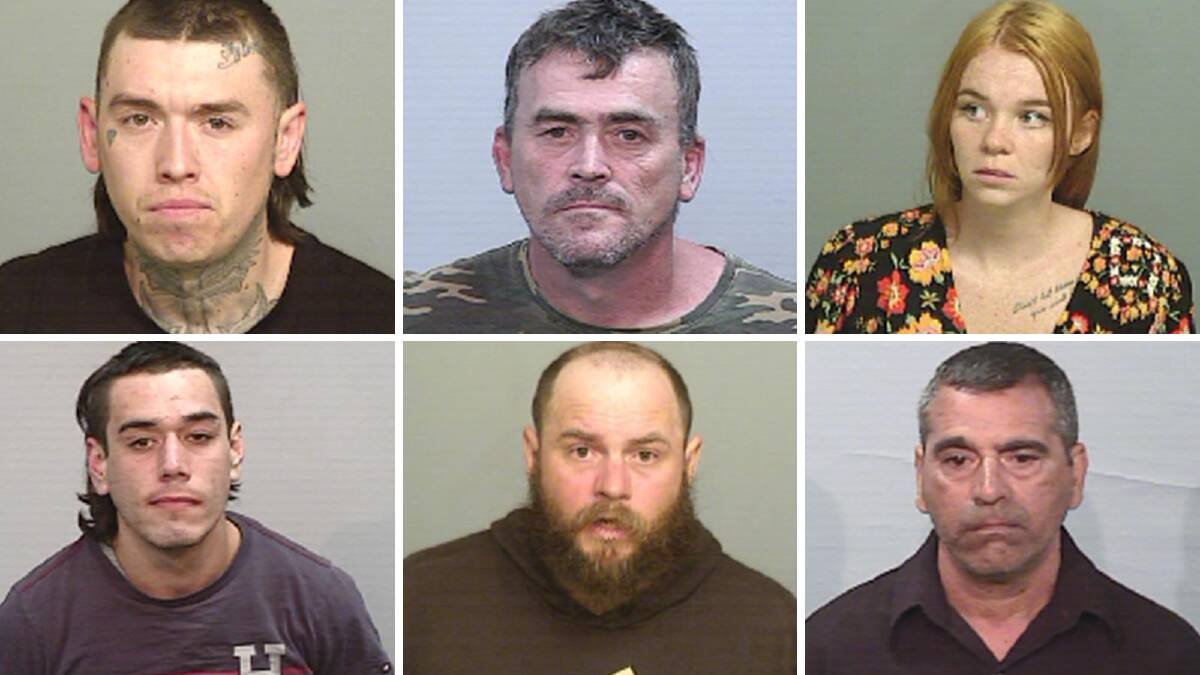 (clockwise from top left) Nathan Laver, Timothy Reed, Casey Matheson, Jerry Lewis, Bradley Green and Locklyn Lucas are wanted by police. Pictures by Lake Illawarra Police District