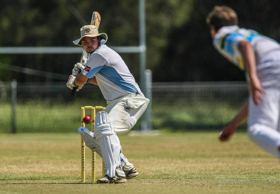 Oak Flats batsman Kieran Gray opens his shoulders during Saturday's match-winning century against Gerringong-Jamberoo at Geoff Shaw Oval. Picture: DYLAN ROBINSON